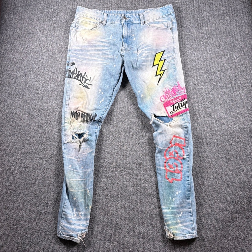 Smoke Rise Distressed Graffiti Slim Jeans Mens 36x32 Light Blue Tokyo Streetwear